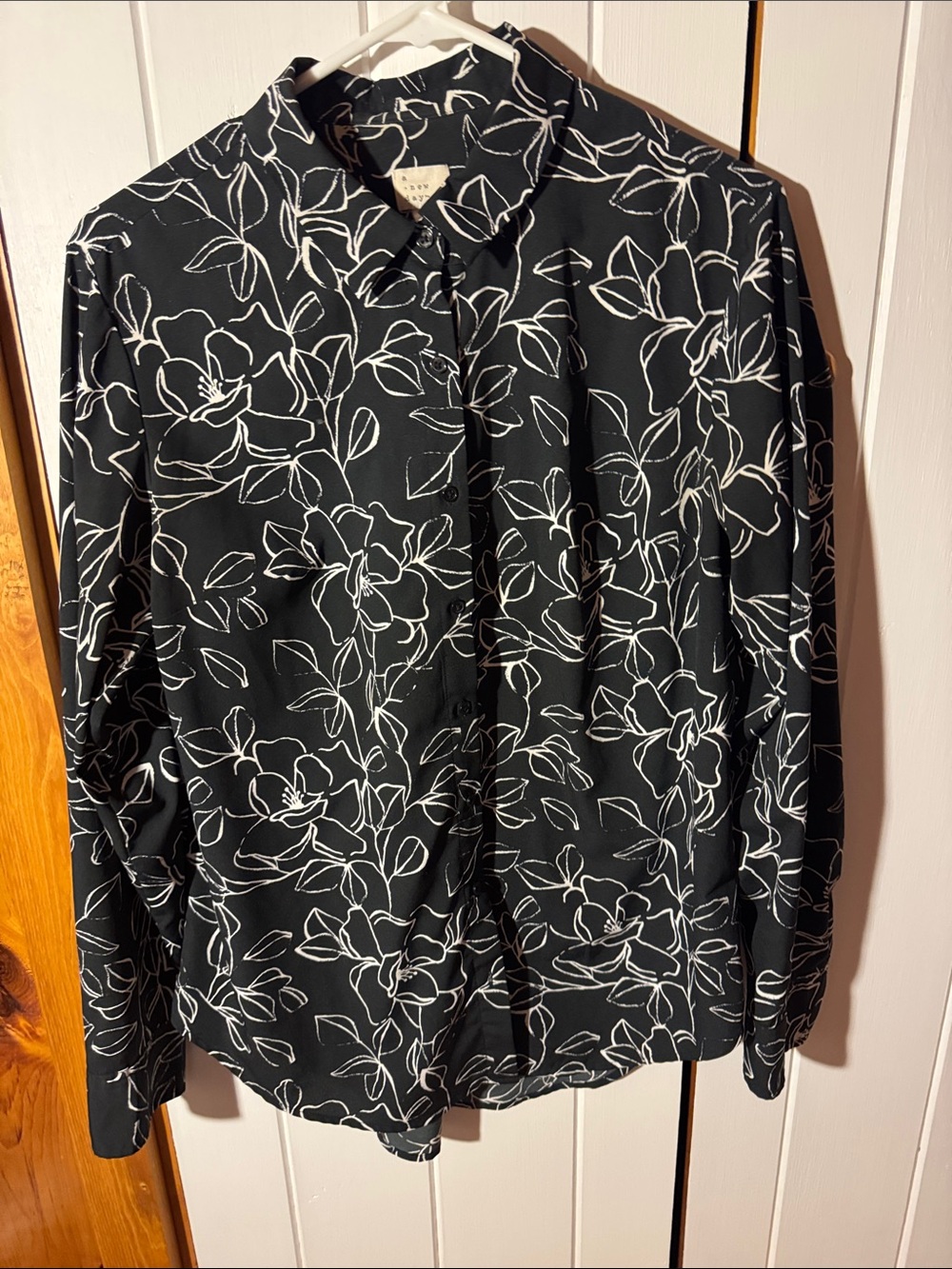 A New Day Black Floral Button-Up Shirt with White Outline Flowers